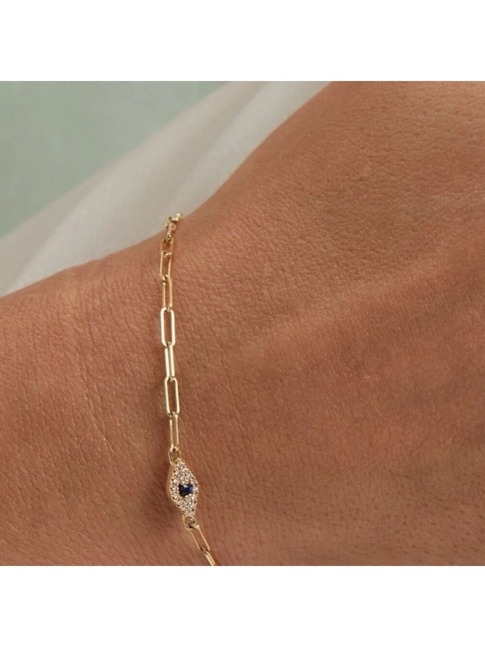 New Diamond Evil Eye Paperclip Bracelet - Picture 4 of 4